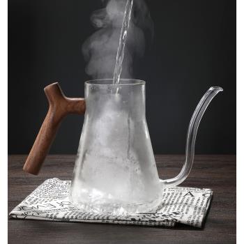 新款大容量透明玻璃咖啡手沖壺熱水壺長嘴壺帶蓋木把手茶壺玻璃壺