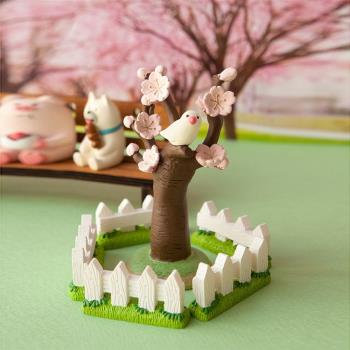 日式春季文鳥櫻花樹枝桌面擺件樹脂裝飾桃花樹樁搭配賞櫻場景道具