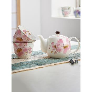 日本進口陶瓷茶具美濃燒ceramic 藍日式和風浪漫櫻花茶壺茶杯禮盒