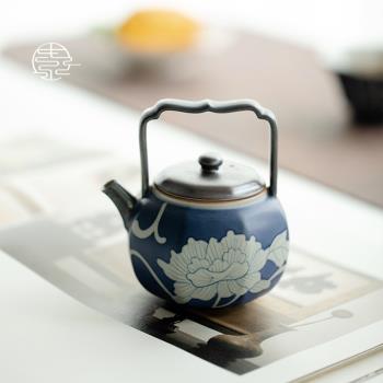 仿古純手繪牡丹蘇子八方提梁壺小號陶瓷單壺中式茶具帶過濾泡茶壺