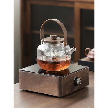 胡桃木電陶爐煮茶器玻璃煮茶壺燒水壺自動蒸茶壺泡茶具煮茶爐套裝