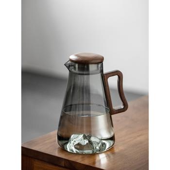 觀山胡桃木玻璃冷水壺耐高溫加厚過濾泡茶壺大容量家用涼水杯套裝
