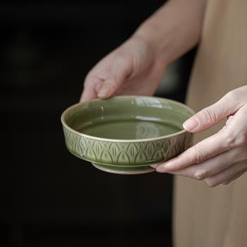 中式復古艾草青瓷陶瓷壺承半刀泥蓮瓣紋茶壺蓋碗底托干泡盤茶點盤