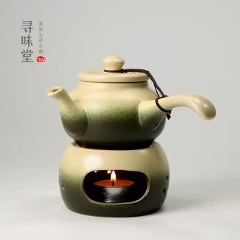 竹青古陶煮茶壺｜側把壺+底爐 中式粗陶蠟燭暖茶爐陶瓷功夫茶具