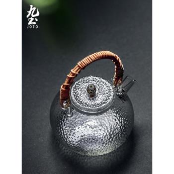 日式耐熱煮茶壺玻璃燒水壺錘紋泡花茶壺手工藤編提梁壺電陶爐茶具