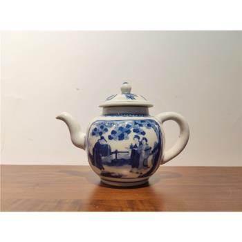 古器物清乾隆時期茶壺 手繪青花人物圖乾隆年款水壺 泡茶倒水利器