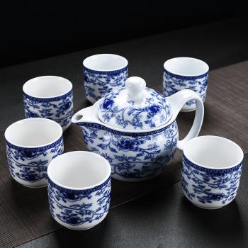 家用大號功夫茶具茶杯青花陶瓷客廳過濾茶壺泡茶套裝一壺六杯小套