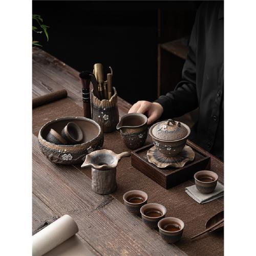 粗陶手工設計款茶具套裝古早燒鎏金鐵釉辦公室家用功夫茶具套組