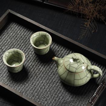 青瓷傳世哥窯一壺兩杯茶具套裝龍泉冰裂陶瓷茶壺二品茗杯整套家用