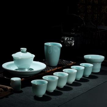 舊望格手繪青瓷功夫茶具套裝整套白瓷家用簡約蓋碗茶杯茶壺禮品