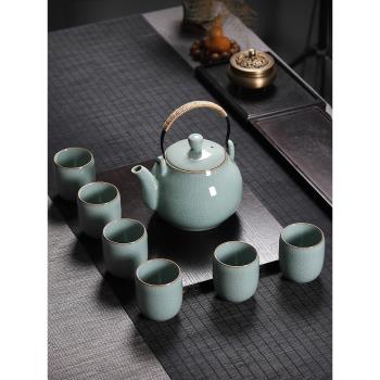 青瓷提梁泡茶壺大號功夫茶具套裝家用龍泉冰裂陶瓷大容量茶杯整套