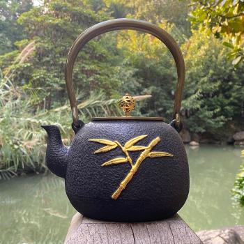 手工鐵壺描金鑄鐵茶壺南部鐵器無塗層燒水壺金竹浮雕復古家居擺設