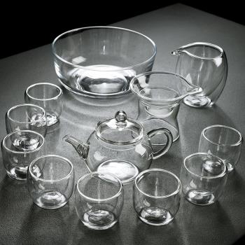 舊望格 透明玻璃功夫茶具套裝家用茶壺隔熱雙層茶杯茶盤托盤整套