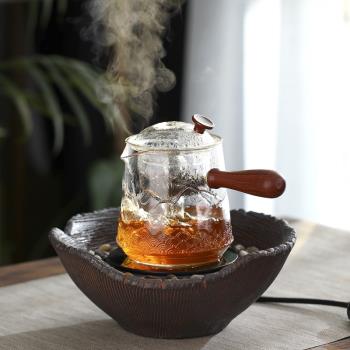 側把蒸茶壺可加熱玻璃壺電陶爐煮茶器煮茶爐蒸煮兩用大容量木柄汽