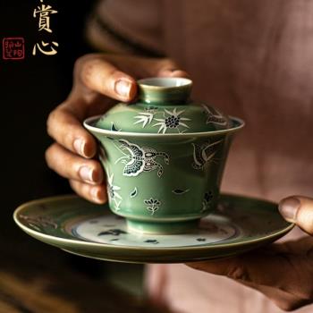 輕奢三才蓋碗單個家用防燙壺承功夫茶具泡茶杯蓋手工陶瓷青花茶壺