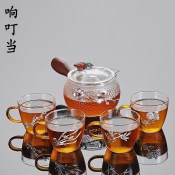 錘紋玻璃日式泡茶壺側把耐高溫高硼硅加厚帶過濾梅花煮茶壺家用