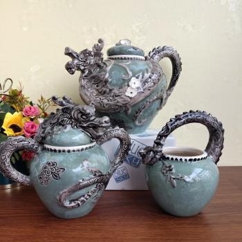Blue sky布魯瓷純手繪釉下彩陶瓷青龍茶壺中式新款青龍咖啡壺水壺