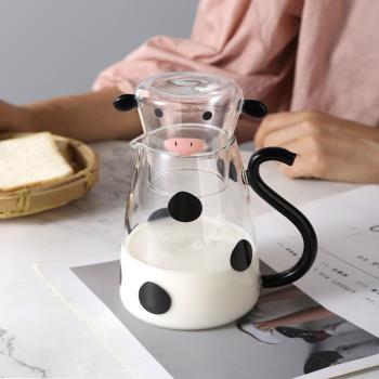 家用冷水壺玻璃杯套裝可愛卡通一壺一杯微波牛奶杯壺花茶壺果汁杯