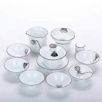 手繪青花陶瓷功夫茶具套裝白瓷茶壺蓋碗茶杯6人家用整套禮盒套組