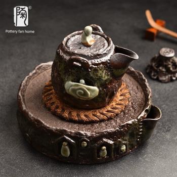 清水柴燒手抓壺陶瓷寶瓶壺窯變泡茶具中式手工復古祥雲高檔茶壺