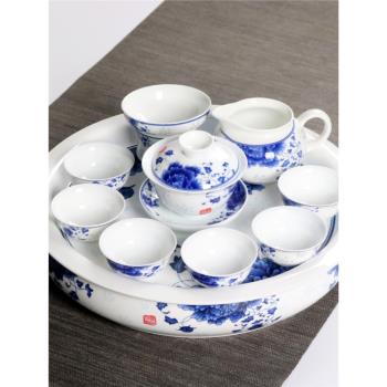 青花瓷功夫茶具套裝家用陶瓷簡易圓形雙層儲水茶盤茶臺 茶海 茶船