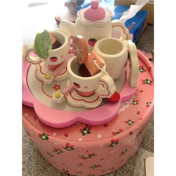 木制過家家兒童廚房玩具仿真咖啡機茶壺生日蛋糕女孩廚具套裝禮物