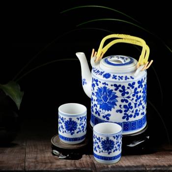 景德鎮青花瓷茶壺中國風飯店餐廳餐館農家樂用老式陶瓷水壺提梁壺