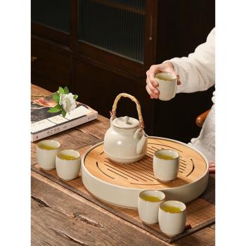 汝窯米黃功夫茶具套裝家用中式高檔辦公室客廳陶瓷泡茶壺茶杯茶盤