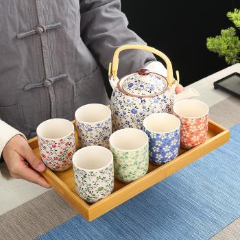 中式復古風提梁壺功夫茶具套裝家用辦公陶瓷大號泡茶壺6色杯整套