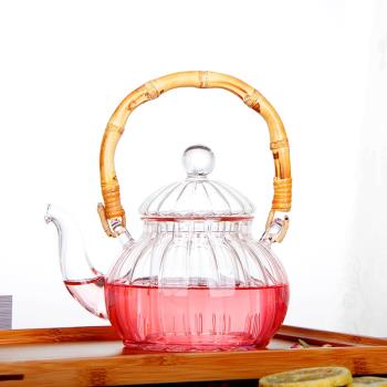 耐高溫玻璃茶壺茶水分離泡花茶壺創意竹提梁壺透明蠟燭加熱煮茶具