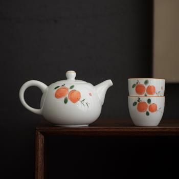 純手繪柿子茶壺功夫茶具單個泡茶壺家用白瓷釉上彩柿柿如意茶器