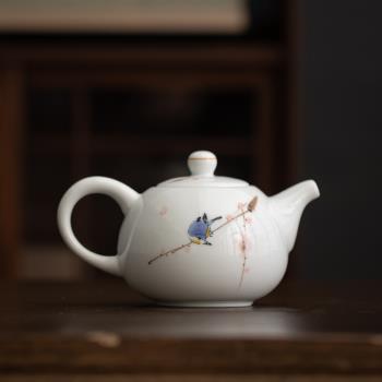 陶瓷手繪茶壺功夫茶具單個泡茶壺家用白瓷釉上彩手工單壺帶過濾