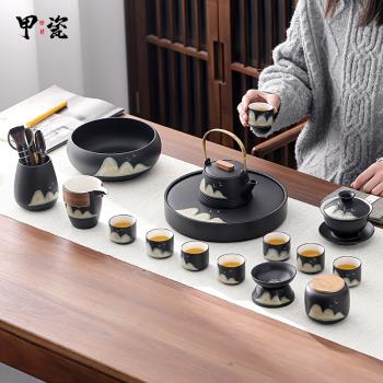 整套簡約功夫茶具套裝家用提梁茶壺干泡陶瓷茶盤日式辦公會客禮盒