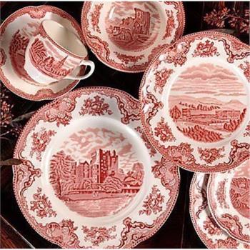 外貿出口英國Johnson brothers原單紅色城堡餐具中西餐盤子咖啡杯