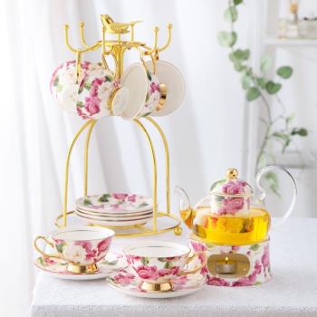 歐式骨瓷下午茶茶具套裝英式小奢華花茶具玻璃茶壺加熱煮水果家用