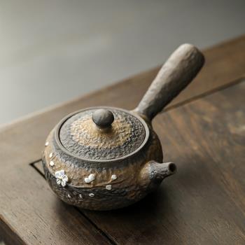 鎏金手繪粗陶側把壺溫茶套裝家用中式復古仿燙茶壺蠟燭加熱底座