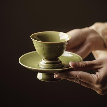 中式越窯青瓷艾草青手工雕刻蓮花茶盞整套茶杯杯墊主人杯功夫茶具