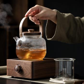 胡桃木電陶爐玻璃煮茶壺套裝家用辦公蒸茶器自動上水燒水壺