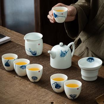 舊望格釉下彩手繪功夫茶具套裝家用陶瓷白瓷茶壺蓋碗茶杯整套禮盒