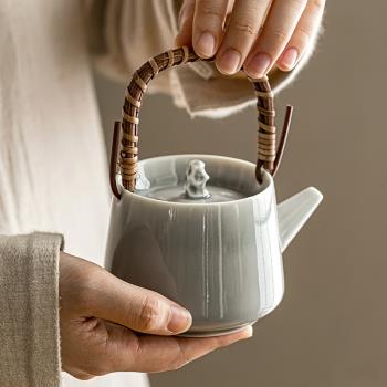 冰灰提梁壺陶瓷復古家用茶壺過濾泡茶竹編把小號茶藝茶器高檔中式