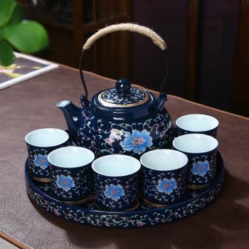 中式宮廷青花大號提梁壺功夫茶具套裝家用琺瑯彩仿古茶壺茶杯整套