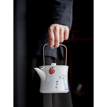 白瓷手繪貓提梁壺單壺泡茶壺帶過濾女士精致茶具一人功夫茶沏茶壺