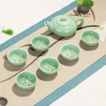 陶瓷手繪功夫茶具蓋碗整套青瓷