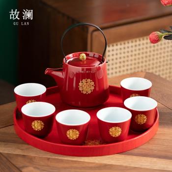 高檔結婚敬茶杯茶具套裝婚慶用品伴手禮婚禮喜慶紅色陶瓷茶壺托盤