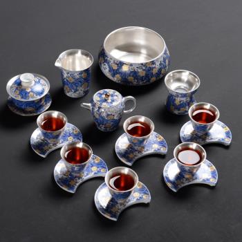 銀茶具999純銀套裝純手工鎏銀功夫茶具家用琺瑯彩蓋碗茶壺泡茶器