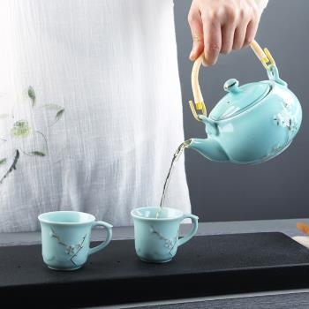 陶瓷提梁壺手工描金白瓷大容量茶壺過濾耐熱家用涼水壺功夫茶具