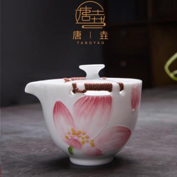 唐垚青花手抓壺泡大號茶碗陶瓷功夫茶具蓋碗茶杯家用日式浮雕茶壺