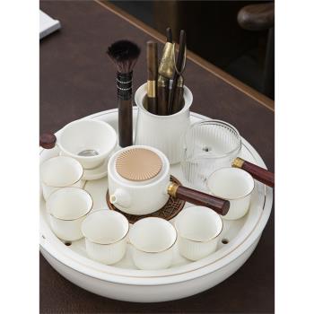羊脂玉茶具套裝日式家用泡茶器描金功夫茶杯圓形儲水陶瓷茶盤現代