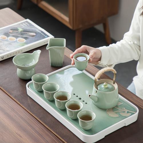 黛青釉功夫茶具陶瓷家用客廳簡約日式茶壺茶杯小套組儲水茶盤套裝