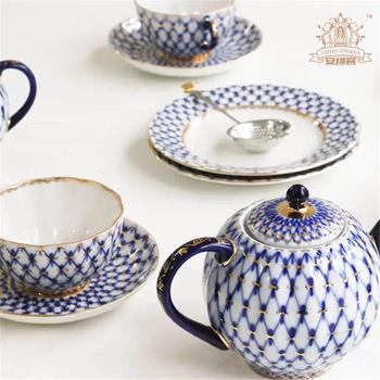 茶杯壺糖缸下午茶俄羅斯皇家瓷器Lomonosov經典鈷藍網紋家居擺件